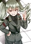  anchovy anzio_military_uniform belt black_shirt brown_eyes clenched_teeth dress_shirt drill_hair fangs girls_und_panzer green_hair grey_jacket grey_pants grin hair_ribbon hand_on_hip ichifuji_nitaka_(phase_nine) jacket long_hair long_sleeves looking_at_viewer military military_uniform necktie pants ribbon shirt shoulder_belt smile solo teeth twin_drills twintails uniform 