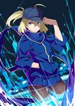  adjusting_clothes adjusting_hat ahoge artoria_pendragon_(all) baseball_cap black_legwear blonde_hair blue_eyes blue_scarf commentary_request fate/stay_night fate_(series) hand_in_pocket hat jacket mysterious_heroine_x pantyhose ponytail rojiura_satsuki:_chapter_heroine_sanctuary saisarisu scarf smile solo track_jacket 