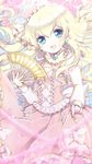  :d blonde_hair blue_eyes bow brooch coco_(otoca_d'or) cowboy_shot dress earrings fan flower frills hat highres jewelry long_hair looking_at_viewer open_mouth otoca_d'or pink_dress pink_flower pink_hat pink_rose ro_(igris-geo) rose smile solo white_bow 