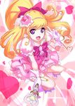  :d absurdres asahina_mirai blonde_hair boots bow brooch cure_miracle full_body gem gloves hair_bow half_updo happy hat heart highres jewelry knee_boots long_hair looking_at_viewer magical_girl mahou_girls_precure! mini_hat mini_witch_hat open_mouth pink pink_background pink_bow pink_hat pink_skirt ponytail precure purple_eyes skirt smile solo sparkle teketeke v white_footwear white_gloves witch_hat 