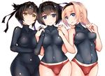  3girls akizuki_(kantai_collection) bare_shoulders black_hair blonde_hair blue_eyes bodysuit breasts curvy hairband hatsuzuki_(kantai_collection) henet_hene impossible_clothes kantai_collection looking_at_viewer multiple_girls open_mouth panties parted_lips red_panties shirt skin_tight smile standing teeth teruzuki_(kantai_collection) thighs underwear white_background wide_hips yellow_eyes 