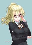  alternate_costume alternate_hairstyle atago_(kantai_collection) bespectacled blonde_hair breasts commentary_request formal glasses kantai_collection large_breasts long_hair looking_at_viewer mikage_takashi ponytail solo suit suit_jacket twitter_username 