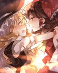  backlighting bad_id bad_twitter_id bangs blonde_hair blush bow brown_eyes brown_hair close-up hair_bow hair_tubes hakurei_reimu hat imminent_kiss kirisame_marisa long_hair looking_at_another multiple_girls open_mouth puffy_short_sleeves puffy_sleeves red_bow short_sleeves simple_background sketch sweetroad touhou very_long_hair white_background witch_hat yellow_eyes yuri 