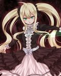  awai_shiro black_dress blonde_hair center_frills dress fairy_tail frilled_dress frills gothic_lolita green_eyes layered_dress lolita_fashion long_hair long_sleeves looking_at_viewer mavis_vermilion outstretched_arm sash scrunchie solo twintails very_long_hair white_dress 