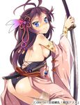  ass bare_back blue_eyes breasts crying detached_sleeves from_side hair_ornament ikura_hato katana long_hair looking_at_viewer medium_breasts momohime_ryouran!_sengoku_asuka purple_hair sheath sheathed sideboob solo sword tears thighhighs unsheathed weapon white_legwear 