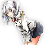  bent_over book buttons epaulettes gloves hinoru_saikusa holding holding_book jacket kantai_collection kashima_(kantai_collection) kerchief looking_at_viewer pleated_skirt sidelocks silver_hair skirt smile solo traditional_media tsurime twintails uniform watercolor_(medium) wavy_hair 