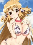  1girl animal_ears animal_print bell bikini blonde_hair blush breasts collar cow_bell cow_ears cow_print erect_nipples groin highres large_breasts looking_at_viewer navel senki_zesshou_symphogear sky smile solo swimsuit swimwear tachibana_hibiki_(symphogear) tongue user_pkag3743 yellow_eyes 