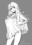  artist_name blush bra commentary greyscale hand_on_own_chest ko-on_(ningen_zoo) lingerie long_hair looking_at_viewer monochrome original panties see-through skirt skirt_lift solo twitter_username underwear underwear_only 