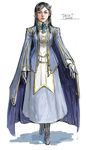  alternate_hair_color black_hair blue_dress boots cape dress full_body gloves grey_dress maya_sawamura_anderson my-otome natsuki_kruger realistic signature solo walking white_background white_gloves 