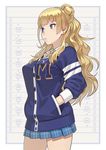  asymmetrical_hair blonde_hair blue_eyes breasts candy food galko go_robots jacket large_breasts letterman_jacket lollipop long_hair one_side_up oshiete!_galko-chan school_uniform scrunchie side_bun solo 