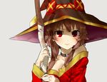  3: bare_shoulders blush brown_hair cirnocchi collar hat kono_subarashii_sekai_ni_shukufuku_wo! long_hair looking_at_viewer megumin red_eyes solo staff upper_body witch_hat 