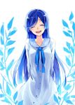  arms_behind_back blue_dress blue_hair closed_eyes collarbone dress highres long_hair open_mouth original plant sidelocks smile solo yokoyama_himena 