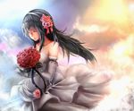  black_hair bouquet burn_scar closed_eyes dorei_to_no_seikatsu_~teaching_feeling~ dress flower hairband highres kiritsu_kibwe long_hair scar smile solo sylvie_(dorei_to_no_seikatsu) wedding_dress 