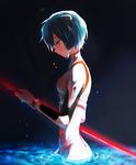  ayanami_rei blood bloody_clothes blue_hair bodysuit from_side hair_ornament highres impaled lance_of_longinus looking_down neon_genesis_evangelion orange_eyes partially_submerged plugsuit short_hair solo suicide water_drop white_bodysuit yokoyama_himena 