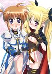  black_gloves blonde_hair blue_eyes blush brown_hair cape dress dress_lift fate_testarossa fingerless_gloves flat_chest gloves hair_ribbon leotard long_hair looking_at_another looking_at_viewer lyrical_nanoha magic_circle magical_girl mahou_shoujo_lyrical_nanoha mahou_shoujo_lyrical_nanoha_the_movie_1st miyajima_hitoshi multiple_girls open_mouth panties pink_panties purple_eyes ribbon shirt_lift smile striped striped_panties takamachi_nanoha thighhighs underwear white_dress 