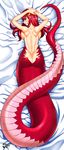  1girl arms_behind_head ass backboob breast_press breasts butt_crack dakimakura jadenkaiba lamia looking_at_viewer looking_back miia_(monster_musume) monster_girl monster_musume_no_iru_nichijou nude on_stomach pointy_ears red_hair smile solo toned 