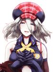  alisa_ilinichina_amiella bare_shoulders black_gloves blue_eyes cabbie_hat close-up elbow_gloves fingerless_gloves gloves god_eater god_eater_burst hat highres long_hair looking_at_viewer nina_(ninageya) open_mouth silver_hair smile solo 