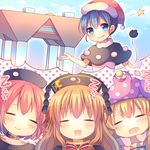  :d :q =_= blonde_hair blue_eyes blue_hair clownpiece doremy_sweet drooling hat hecatia_lapislazuli highres jester_cap junko_(touhou) long_hair multiple_girls nightcap open_mouth pjrmhm_coa polos_crown red_hair short_hair sleeping smile star tokyo_big_sight tongue tongue_out touhou zzz 