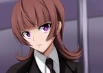  1girl active_raid brown_hair kazari_asami lips long_hair necktie purple_eyes sho-chan solo suit 