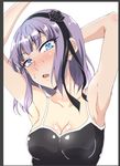  armpits bare_shoulders blue_eyes blush breasts dagashi_kashi flower hair_flower hair_ornament hairband looking_at_viewer medium_breasts noa_p open_mouth purple_hair ribbon shidare_hotaru short_hair solo 