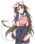  animal_ears black_legwear blue_eyes blush brown_hair cat_ears cat_tail hair_ornament izumi_reina long_hair mask musaigen_no_phantom_world rinrin_(927413) simple_background smile solo tail thighhighs very_long_hair white_background 