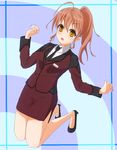  1girl active_raid ahoge blush breasts brown_hair long_hair necktie open_mouth pickurz ponytail shoes skirt skirt_suit suit yamabuki_rin yellow_eyes 