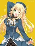  atago_(kantai_collection) beret blonde_hair breasts commentary_request green_eyes hat izumi_minami kantai_collection large_breasts long_hair military military_uniform no_gloves one_eye_closed pantyhose solo uniform yellow_background 