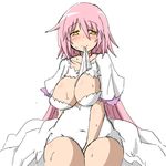  alternate_hairstyle blush breasts choker cleavage dress gloves hair_down kaname_madoka large_breasts long_hair looking_at_viewer mahou_shoujo_madoka_magica mouth_hold oman_(evld) pink_hair pink_legwear solo spoilers ultimate_madoka white_dress yellow_eyes 