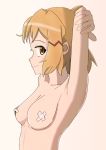  1girl armpits arms_behind_head blonde_hair blush breasts collarbone erect_nipples from_side gradient gradient_background hair_ornament looking_at_viewer looking_to_the_side medium_breasts namime no_bra pink_background senki_zesshou_symphogear short_hair simple_background smile solo tachibana_hibiki_(symphogear) yellow_eyes 