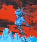  90s a.d._police_files amputee android bad_end blue_skin breasts building cable cloud cyberpunk damaged defeat highres impaled limited_palette lips looking_afar medium_breasts nipples oldschool parts_exposed post-apocalypse realistic red_sky ruins science_fiction sky solo tony_takezaki traditional_media wire 