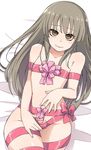  bow brown_eyes brown_hair covered_nipples crossdressing eyelashes eyes_visible_through_hair highres kinta_(kinta_no_mousou) long_hair looking_at_viewer lying male_focus naked_ribbon on_back original otoko_no_ko penis penis_ribbon ribbon self_gift solo valentine wig 