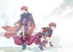  armor blue_eyes boots cape eliwood_(fire_emblem) father_and_son fingerless_gloves fire_emblem fire_emblem:_fuuin_no_tsurugi fire_emblem:_rekka_no_ken gloves headband isa_(chiyo-s) long_sleeves male_focus multiple_boys rapier red_hair roy_(fire_emblem) short_hair sword time_paradox weapon 