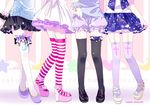  black_legwear bloomers bow bracelet commentary_request crescent cross garter_straps heart jewelry kasane leg_garter lower_body multiple_girls original pastel_colors petticoat platform_footwear skirt standing star starry_sky_print striped striped_legwear thighhighs underwear zettai_ryouiki 