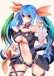  ass_visible_through_thighs asymmetrical_wings bare_shoulders blue_hair blush breasts choker cleavage collarbone cowboy_shot dizzy guilty_gear hair_ribbon highres inaba_sunimi large_breasts long_sleeves navel off_shoulder orange_ribbon puffy_long_sleeves puffy_sleeves red_eyes revealing_clothes ribbon smile solo tail tail_ribbon twintails underboob wings 
