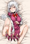  albino angel_wings barefoot bow breasts brooch commentary_request covering covering_crotch dress jacket jewelry kishin_sagume kuranosuke large_breasts long_sleeves looking_at_viewer lying on_back open_clothes open_jacket purple_dress red_eyes short_dress silver_hair single_wing solo spread_legs touhou white_hair wings 