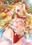  1girl abs armpits bikini blonde_hair eyes_closed fate/grand_order fate_(series) headdress hiroe_rei official_art open_mouth quetzalcoatl_(fate/grand_order) quetzalcoatl_(samba_santa)_(fate) swimsuit 