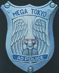  a.d._police_files android badge cyberpunk emblem english head no_humans oldschool police realistic robot science_fiction skull sword tony_takezaki traditional_media weapon wings 