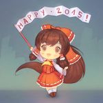  2015 ascot bangs banner blush bow brown_eyes brown_footwear brown_hair chibi commentary cubehero detached_sleeves hair_bow hair_tubes hakurei_reimu hand_up happy long_ponytail looking_at_viewer open_mouth red_shirt ribbon-trimmed_headwear ribbon-trimmed_skirt ribbon-trimmed_sleeves ribbon_trim shirt shoes short_hair smile solo touhou 