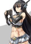  abs bare_shoulders black_gloves black_hair breasts elbow_gloves fingerless_gloves gloves hairband handheld_game_console kantai_collection large_breasts microskirt nagato_(kantai_collection) navel playing_games playstation_vita red_eyes skirt solo yohane 