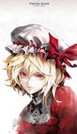  adapted_costume alternate_costume blonde_hair character_name flandre_scarlet hare_(yamihuji) hat hat_ribbon lips looking_at_viewer mob_cap no_wings portrait red_eyes ribbon side_ponytail solo touhou white_background 
