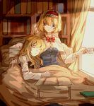  alice_margatroid bad_id bad_pixiv_id bangs bed_sheet black_vest blonde_hair blue_dress book bookshelf bow capelet couple cup curtains day dress expressionless hair_down hairband holding holding_cup indoors kirisame_marisa light_particles long_hair long_sleeves looking_at_another looking_down meng_ziya multiple_girls open_book pillow shirt short_hair sketch sleeping sunlight touhou vest white_shirt yuri 