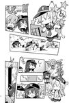  &gt;_&lt; 3girls :d akatsuki_(kantai_collection) anchor_symbol badge chibi closed_eyes closed_mouth comic commentary flat_cap greyscale hat hibiki_(kantai_collection) highres himegi inazuma_(kantai_collection) kantai_collection kneehighs lying monochrome multiple_girls o_o on_stomach open_mouth page_number pleated_skirt school_uniform serafuku skirt smile thighhighs translated xd 