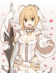  :d aestus_estus ahoge animal_print arm_strap bangs belt belt_buckle blonde_hair blurry breasts bridal_veil buckle chain cleavage cowboy_shot depth_of_field detached_collar detached_sleeves elbow_gloves eyebrows_visible_through_hair fate/extra fate/extra_ccc fate/grand_order fate_(series) flower flower_wreath foreshortening full-length_zipper garter_straps gloves gradient gradient_background green_eyes grey_background hair_between_eyes hair_intakes hand_up happy head_wreath highres holding holding_sword holding_weapon leopard_print leotard lock looking_at_viewer loose_belt md5_mismatch medium_breasts nero_claudius_(bride)_(fate) nero_claudius_(fate)_(all) open_mouth outstretched_arm outstretched_hand padlock petals planted_sword planted_weapon puffy_detached_sleeves puffy_sleeves rabi_(swordofthestone) reverse_grip showgirl_skirt sidelocks skirt smile solo standing strapless strapless_leotard sword thighhighs tied_hair turtleneck veil weapon white_flower white_gloves white_legwear white_leotard white_skirt white_sleeves wide_sleeves zipper zipper_pull_tab 
