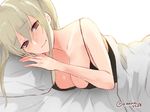  alternate_costume bangs blanket blonde_hair blush breasts camisole cleavage closed_mouth collarbone eyebrows eyebrows_visible_through_hair graf_zeppelin_(kantai_collection) hair_between_eyes kantai_collection large_breasts long_hair looking_at_viewer lying number on_side pillow sakiryo_kanna silver_eyes smile solo twitter_username white_background 