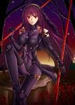  ankle_boots armor armored_boots bare_tree bodysuit boots breasts covered_navel dual_wielding expressionless fate/grand_order fate_(series) gae_bolg gem headpiece heart highres holding knee_up lips long_hair medium_breasts nokapi outdoors parted_lips plant purple_bodysuit purple_hair red_eyes ruby_(stone) scathach_(fate)_(all) scathach_(fate/grand_order) shoulder_pads sitting skin_tight solo tree tree_stump tsurime veil very_long_hair wind 
