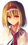  :/ akaiha_(akaihasugk) alice_margatroid blonde_hair capelet closed_mouth collar expressionless eyebrows eyebrows_visible_through_hair hair_between_eyes necktie orange_eyes red_neckwear short_hair simple_background solo touhou tsurime upper_body wavy_mouth white_background 
