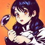  1girl black_hair bowl braid hair_ornament hairclip highres ilya_kuvshinov open_mouth rice_spoon shokugeki_no_souma simple_background solo tadokoro_megumi twin_braids yellow_eyes 