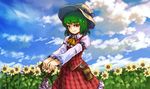  azumi_(madogiwa_bocchi_seki) belt field flower frilled_skirt frills green_hair hat kazami_yuuka parasol plaid plaid_skirt plaid_vest pouch red_eyes shirt short_hair skirt solo straw_hat sunflower touhou umbrella vest 