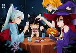  absurdres animal_ears bad_deviantart_id bad_id black_hair blake_belladonna blonde_hair card card_game cat_ears cup fingerless_gloves food gloves halloween halloween_costume hat highres jack-o'-lantern mk_(lazymk) multiple_girls playing_card pocky purple_eyes red_hair ruby_rose rwby silver_eyes stitches sweatdrop teacup v wavy_mouth weiss_schnee white_hair witch_hat yang_xiao_long yellow_eyes yuki_onna 