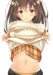  aran_sweater arms_up belt brown_eyes brown_hair closed_mouth collared_shirt dress_shirt hair_between_eyes kinugasa_yuuichi lifted_by_self long_hair long_sleeves looking_at_viewer navel original panties pinky_out plaid plaid_shirt shirt shirt_lift simple_background smile solo stomach sweater underwear upper_body white_background yellow_panties 